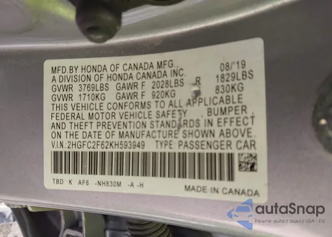 2019 Honda Civic Lx from USA, damaged, VIN 2HGFC2F62KH593949